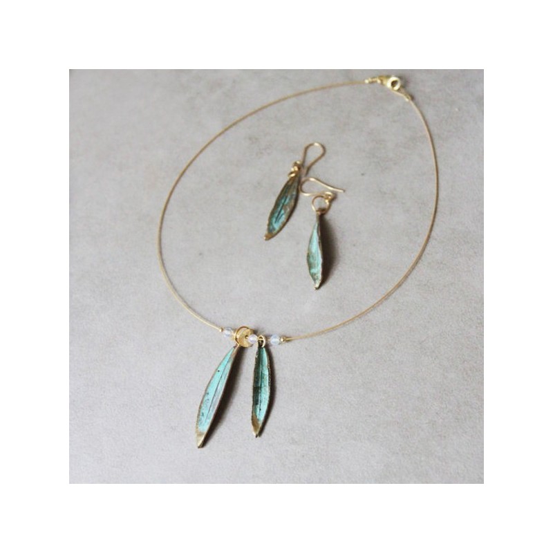 Olive leaves necklace, gold and vertigris, electroplated olive leaves necklace, real olives leaves, minimal necklace