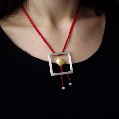 Modern heart necklace, silver and gold heart in square frame with white pearls, hanging on red cords, hipster necklace 2