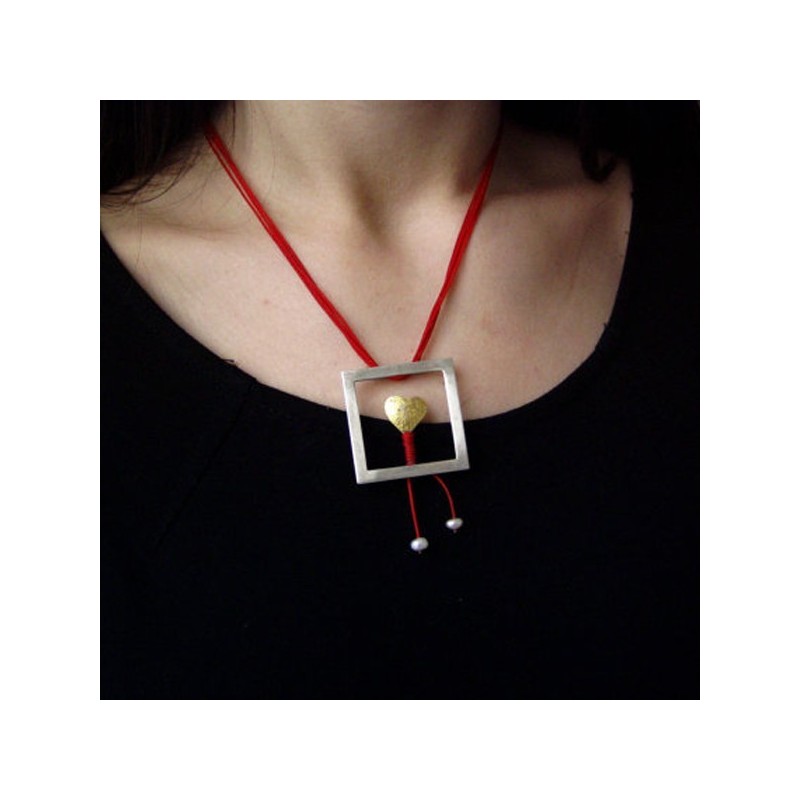 Modern heart necklace, silver and gold heart in square frame with white pearls, hanging on red cords, hipster necklace