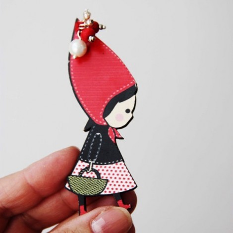 Red Riding Hood brooch, wooden brooch of Red Riding Hood in profile with long, red hood, black vest and basket in hand 2