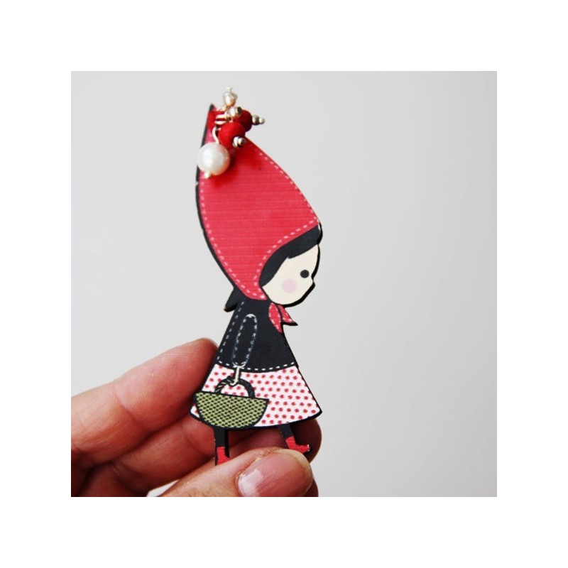 Red Riding Hood brooch, wooden brooch of Red Riding Hood in profile with long, red hood, black vest and basket in hand