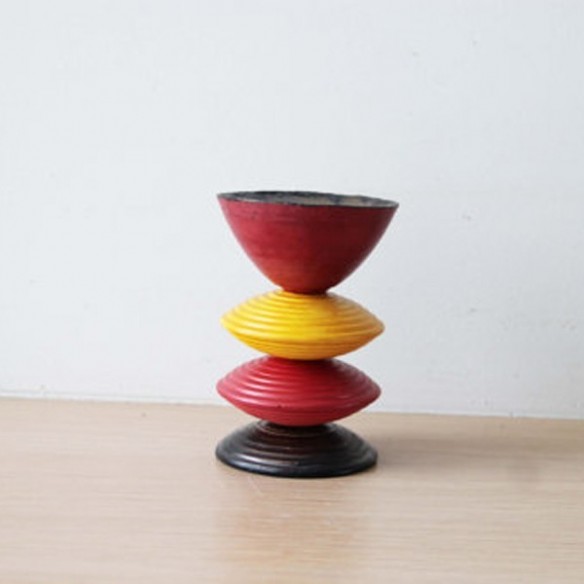 Multi-coloured, earthenware candleholder, handmade and handpainted, four tiered, ceramic candlestick