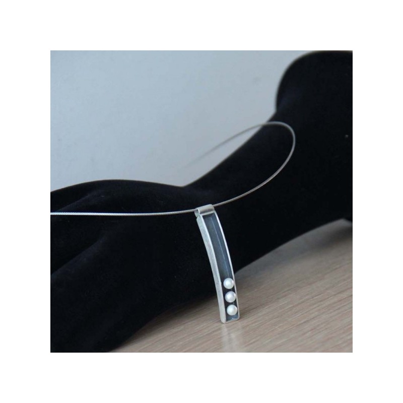 Rectangle silver necklace, rectangle silver pendant, silver rectanlge with white pearls, modern, minimalist sterling silver