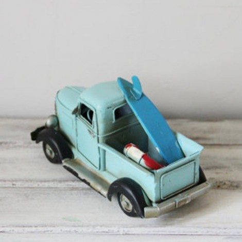 Blue pick-up truck, retro style, collectible truck miniature with surfboard and life saver, turquoise truck miniature. 2