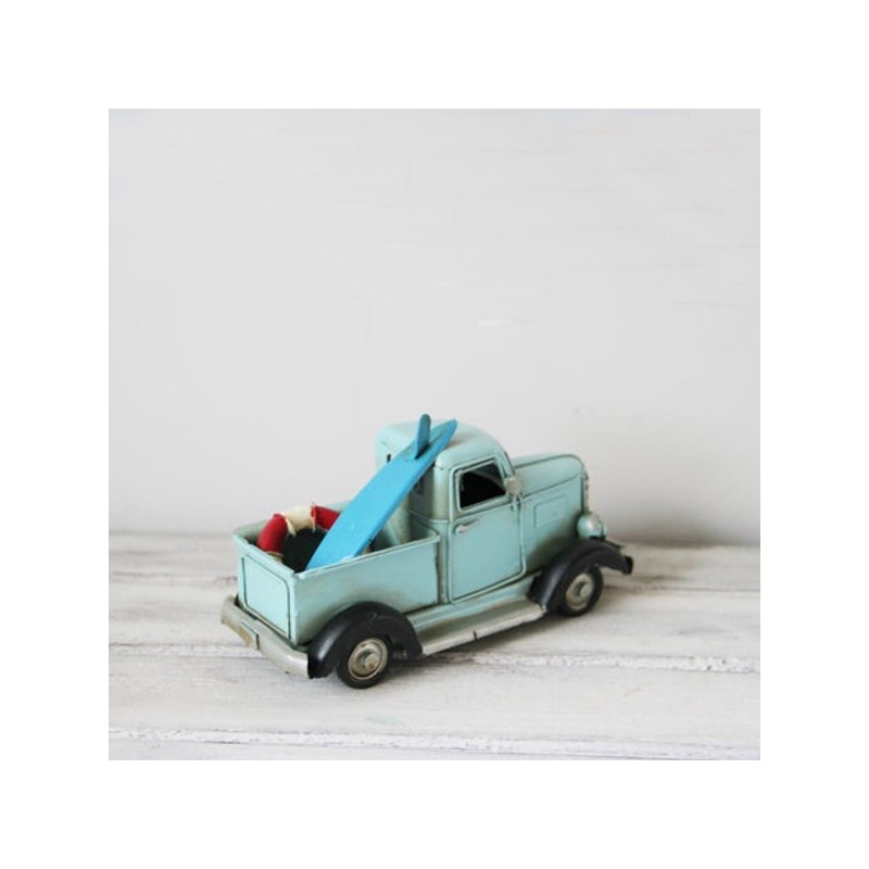 Blue pick-up truck, retro style, collectible truck miniature with surfboard and life saver, turquoise truck miniature.