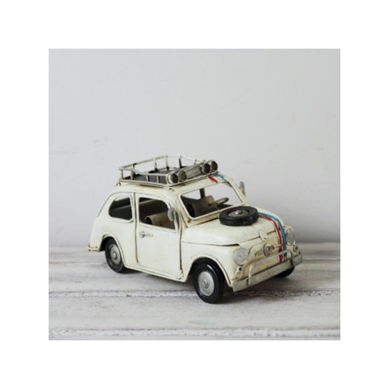 Fiat car miniature with French colours, retro collectible miniature, white Fiat 500 with spare tyre on hood.