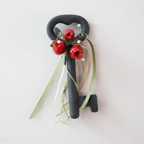 Black key wall hanging, ceramic key with tiny, red pomegranates, good luck ceramic key 2