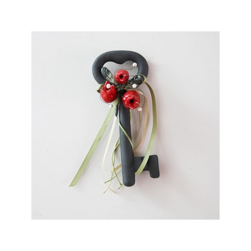 Black key wall hanging, ceramic key with tiny, red pomegranates, good luck ceramic key