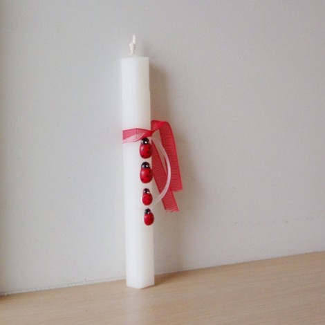 Ladybugs Easter candle for girls and women, square, white, Greek Easter candle with glued on ladybugs and red ribbon 2