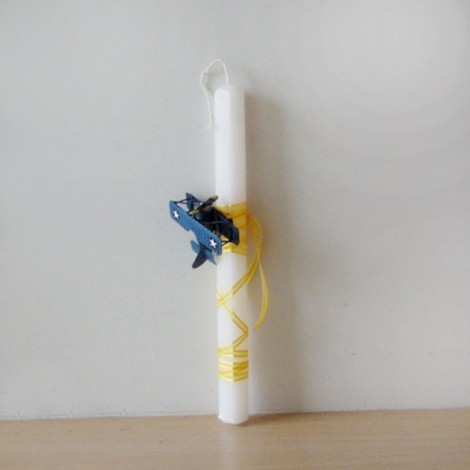 Biplane Easter candle, blue biplane miniature on white Easter candle, Greek Easter candle for teens and boys 2
