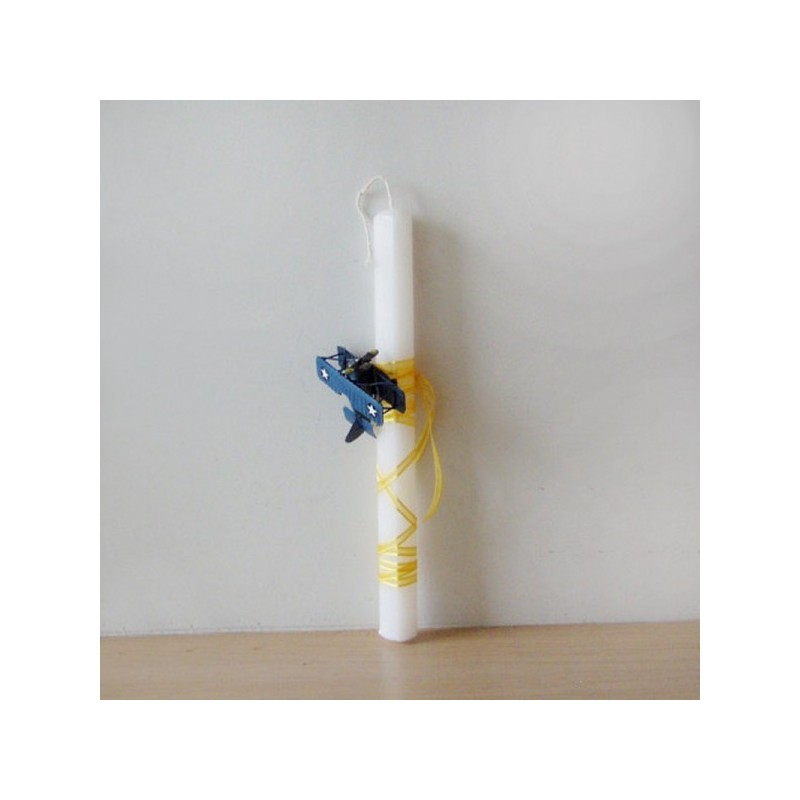 Biplane Easter candle, blue biplane miniature on white Easter candle, Greek Easter candle for teens and boys