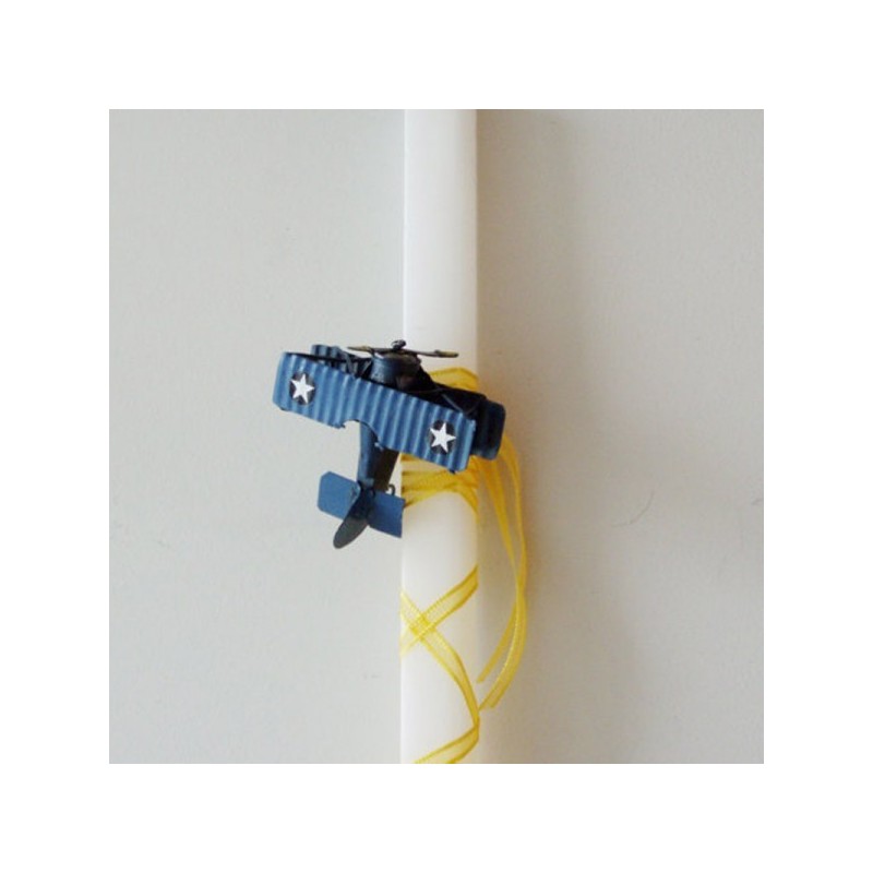Biplane Easter candle, blue biplane miniature on white Easter candle, Greek Easter candle for teens and boys