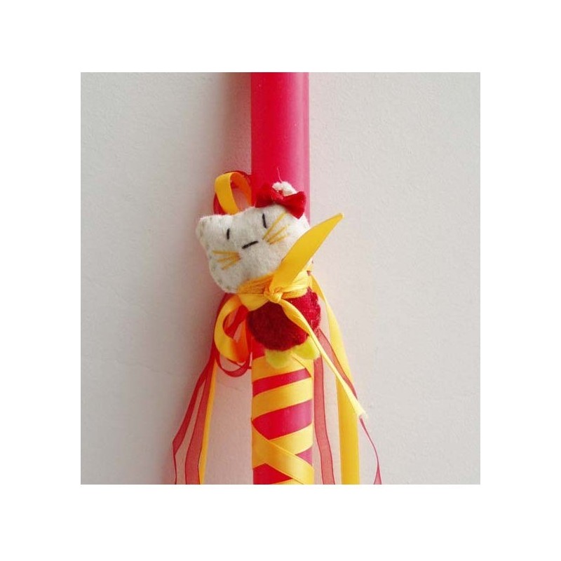 Red Greek Easter candle with felt kitty decoration, white and red felt kitty tied on a red Easter candle for girls