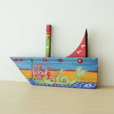 Mermaid on wooden boat, folk art shabby boat of reclaimed wood, salvaged, old wood folk boat with Greek mermaid painted 2
