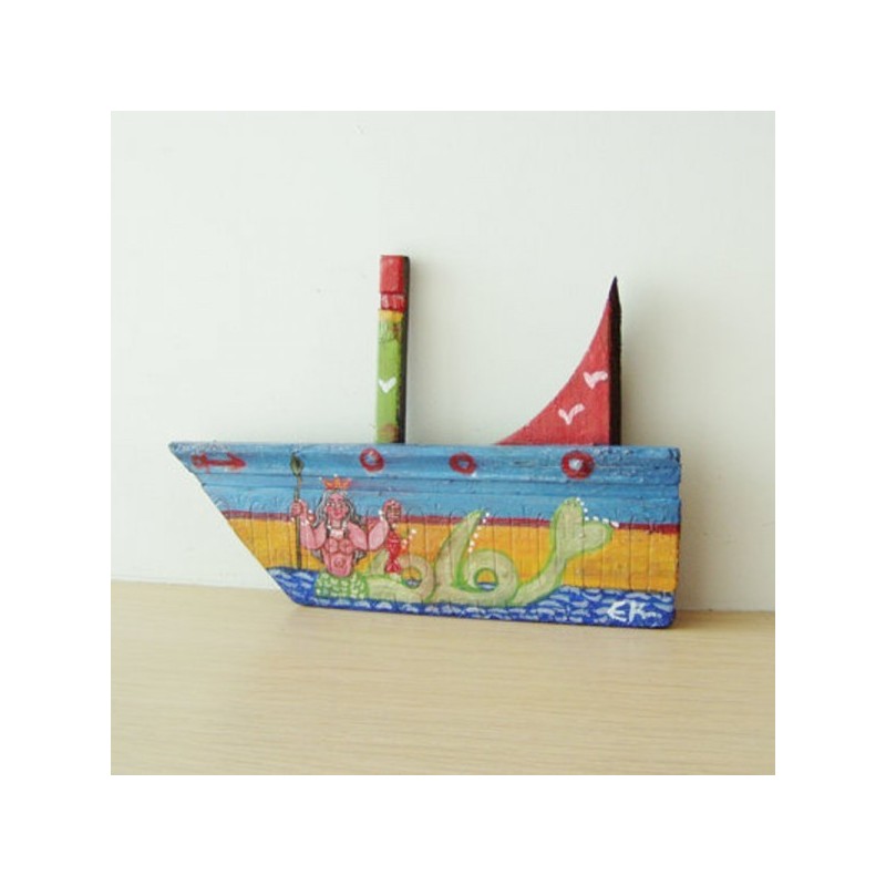 Mermaid on wooden boat, folk art shabby boat of reclaimed wood, salvaged, old wood folk boat with Greek mermaid painted