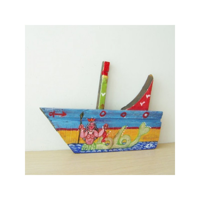 Mermaid on wooden boat, folk art shabby boat of reclaimed wood, salvaged, old wood folk boat with Greek mermaid painted