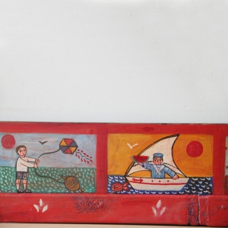 Four seasons painting, folk art painting of the four seasons, Greek folk art on salvaged wood, children in four seasons themes 2