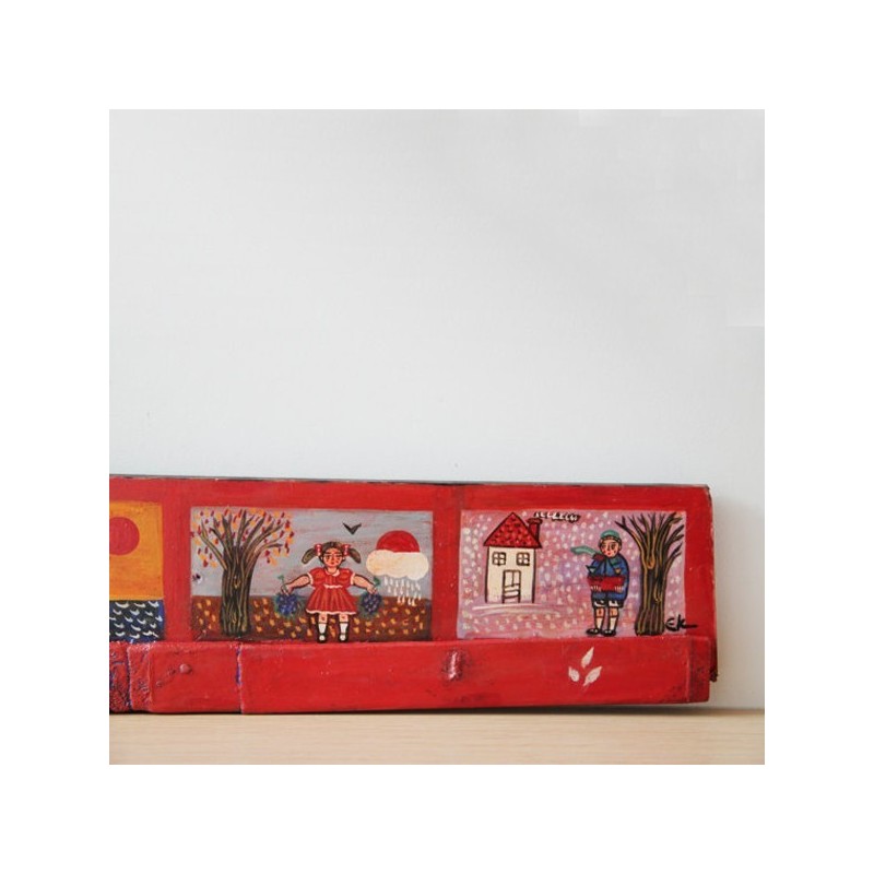 Four seasons painting, folk art painting of the four seasons, Greek folk art on salvaged wood, children in four seasons themes