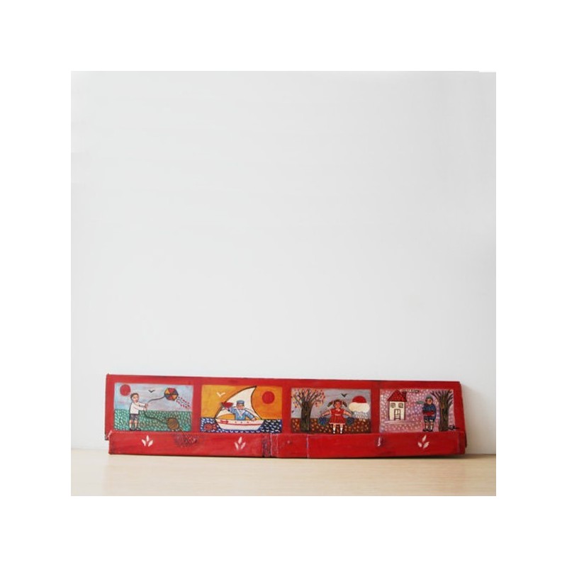 Four seasons painting, folk art painting of the four seasons, Greek folk art on salvaged wood, children in four seasons themes
