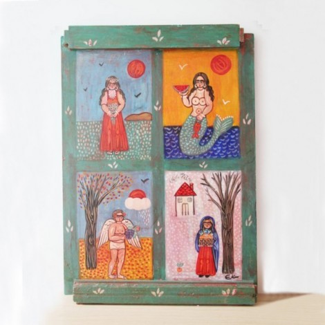 Four seasons painting, large folk art painting on wood, Greek folk art, vintage painting on salvaged wood 2