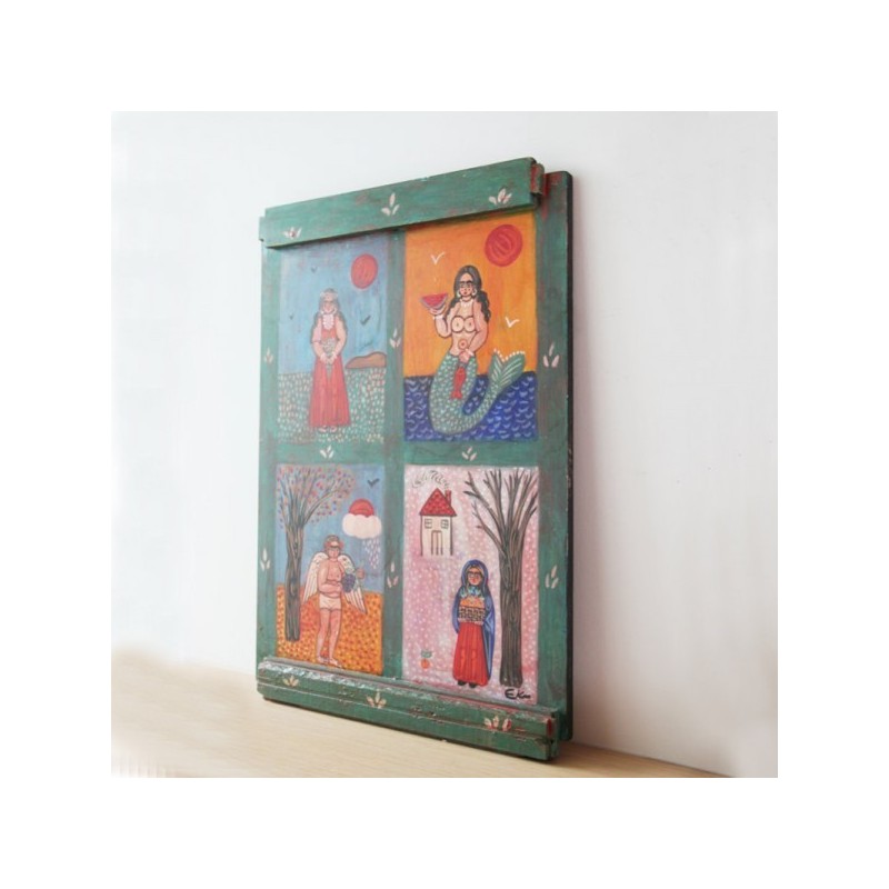 Four seasons painting, large folk art painting on wood, Greek folk art, vintage painting on salvaged wood