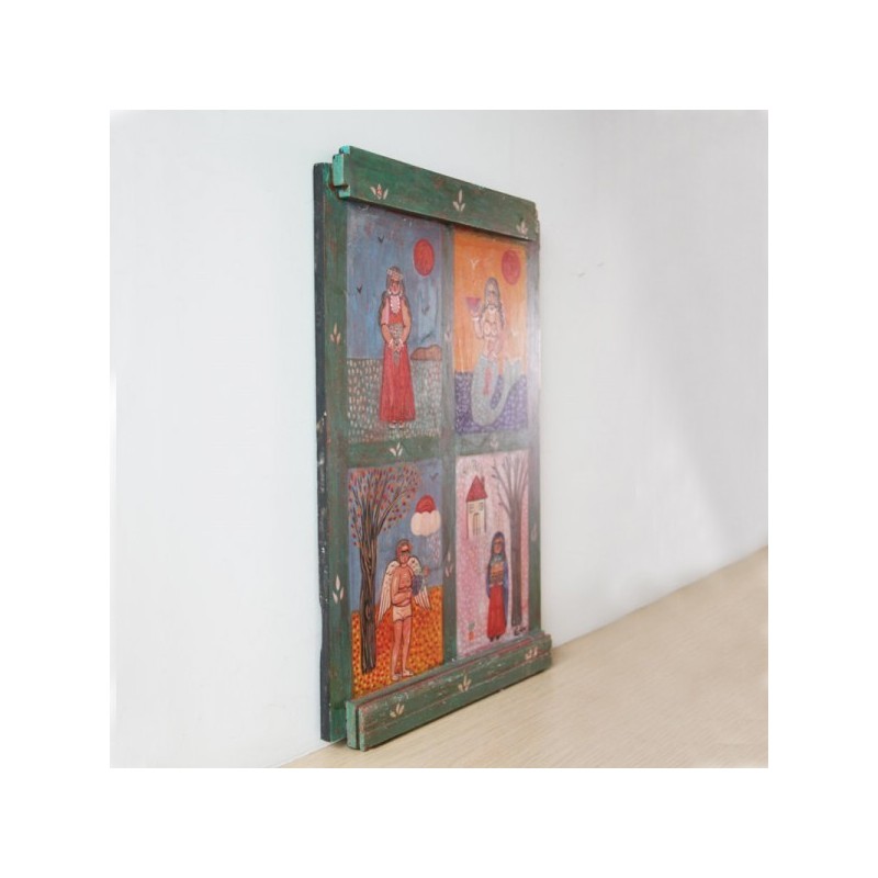 Four seasons painting, large folk art painting on wood, Greek folk art, vintage painting on salvaged wood
