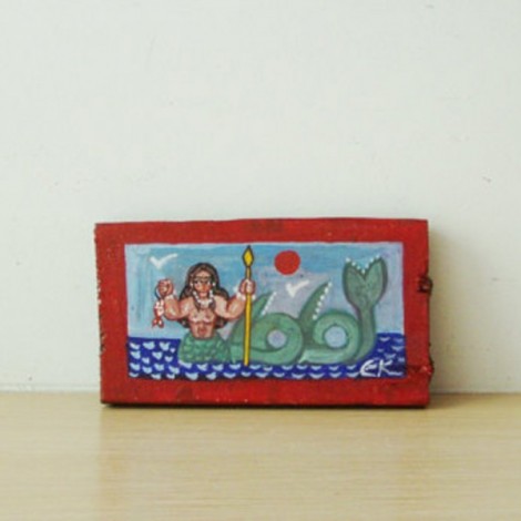 Vintage mermaid painting, Greek folk art mermaid, small painitng on salvaged wood, acrylic on wood, art brute mermaid 2