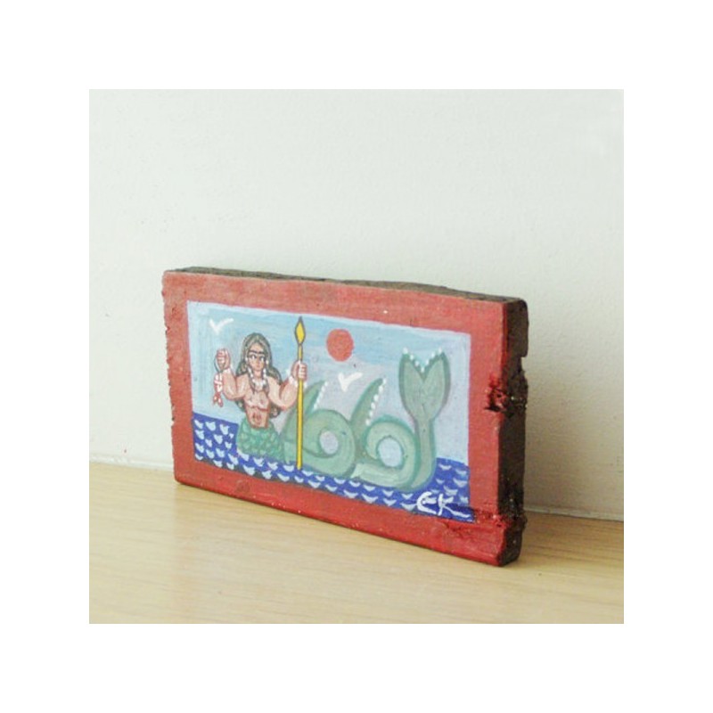Vintage mermaid painting, Greek folk art mermaid, small painitng on salvaged wood, acrylic on wood, art brute mermaid