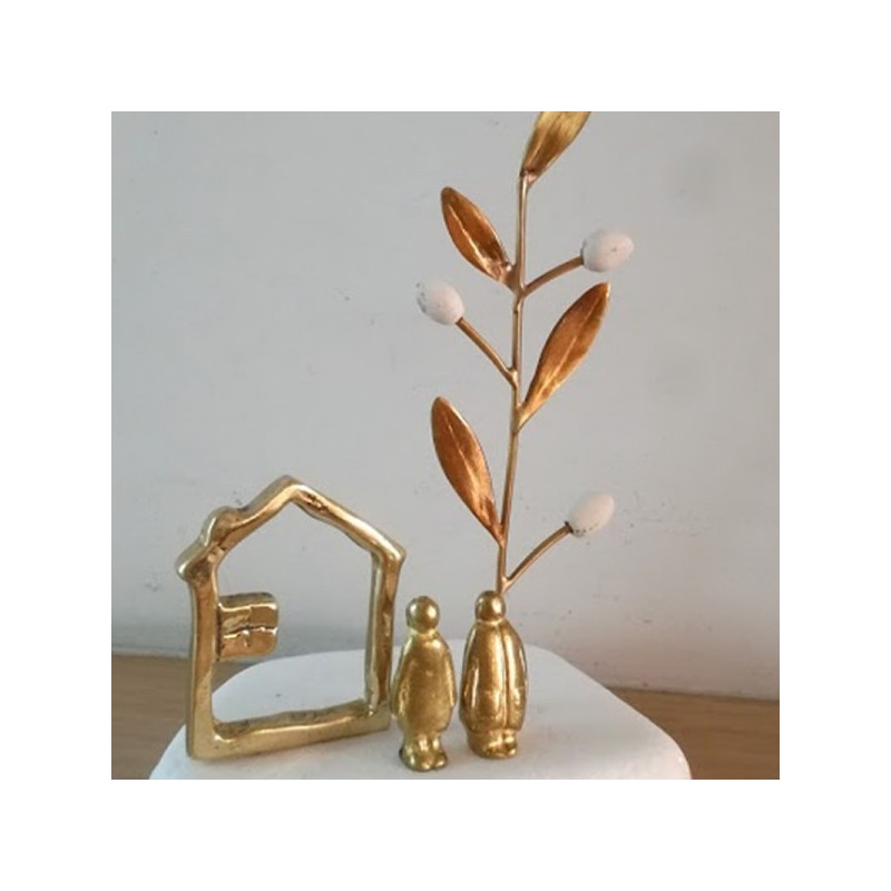 Greek olive tree sculpture with brass man and woman figurines