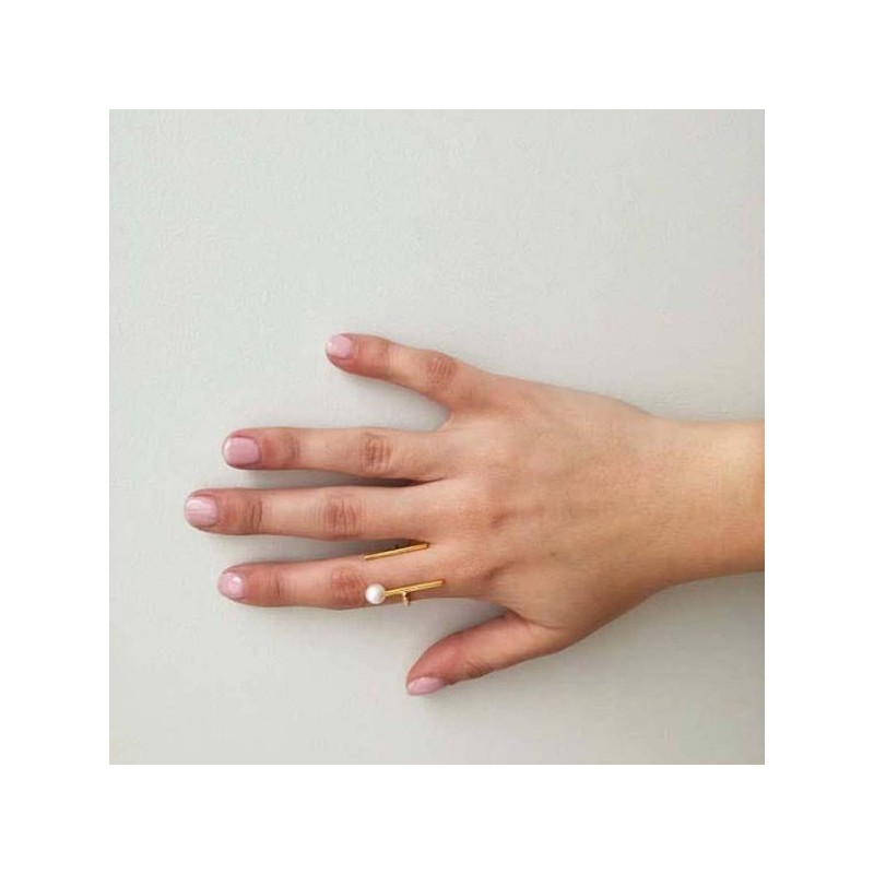 Gold bars ring, open gold plated ring with white pearl, sterling silver gold plated ring