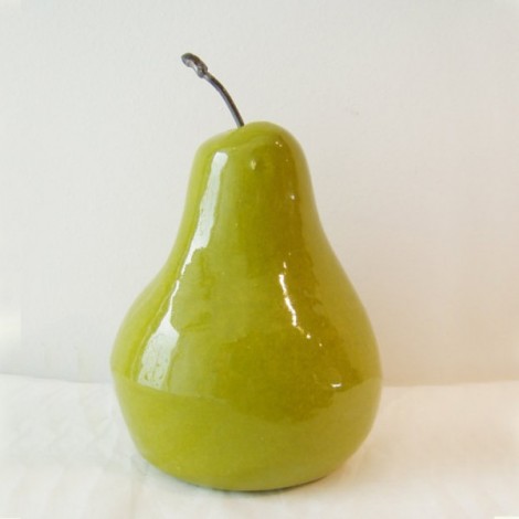 Ceramic Pear sculpture, life size green ceramic pear, minimal design fruit of earthenware clay with metal stem 2