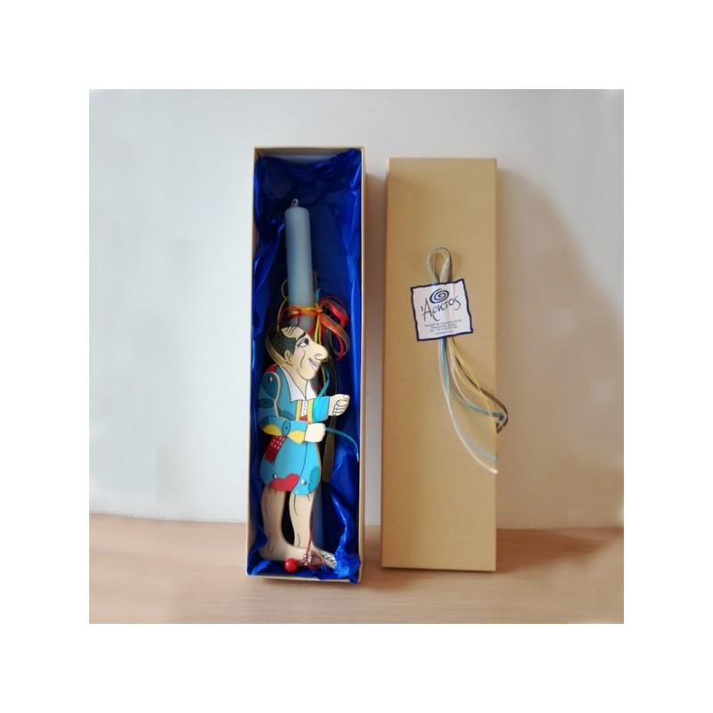 Greek Easter candle with Karagiozi puppet