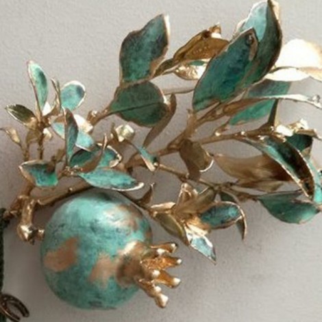 Brass pomegranate sculpture, pomegranate branch art object, real pomegranate electroplated with brass, New Year pomegranate 2