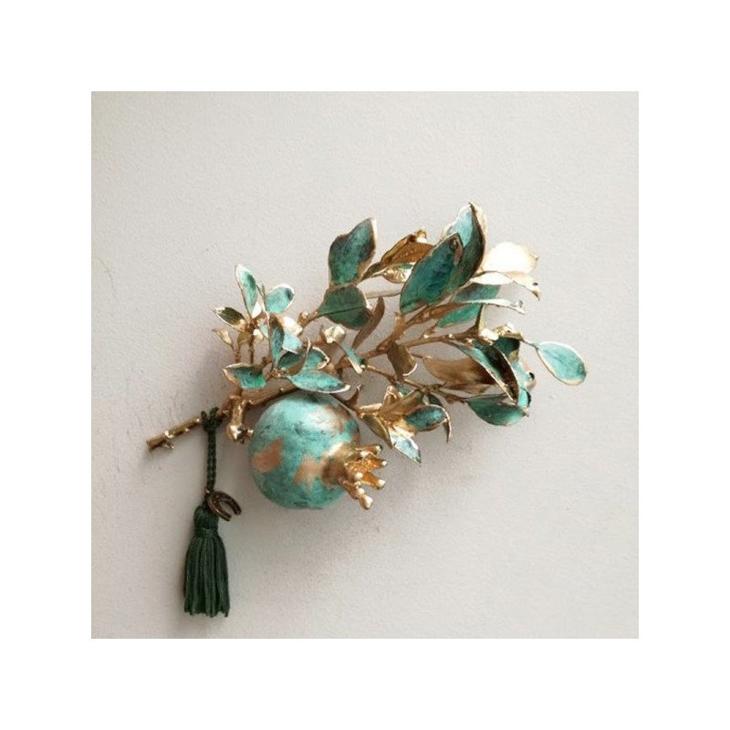 Brass pomegranate sculpture, pomegranate branch art object, real pomegranate electroplated with brass, New Year pomegranate