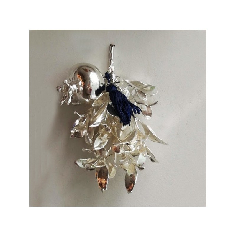Silver pomegranate, real pomegranate branch, real pomegranate electroplated with silver, Xmas and New Year silver fruit