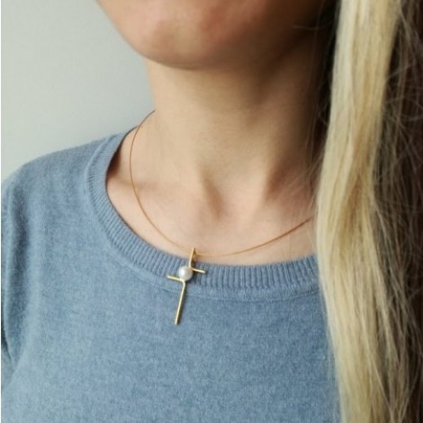 Geometric gold cross necklace, minimal sterling cross on gold wire with white pearl, boho hipster cross pendant 2