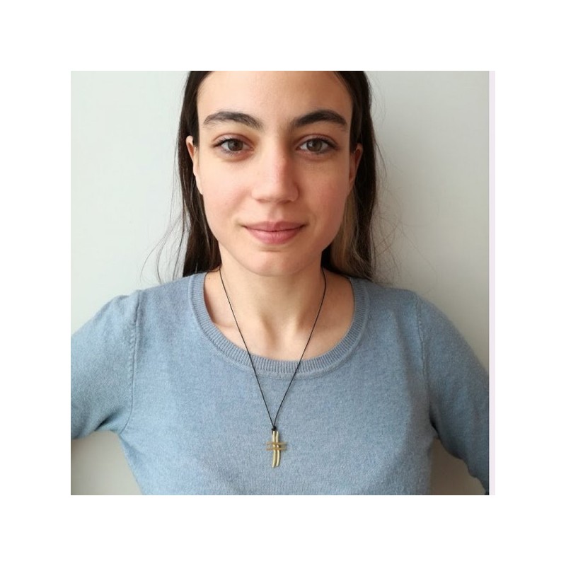 Double gold cross necklace, minimal sterling cross on black cord, unisex, quirky gold plated silver cross in a double pattern