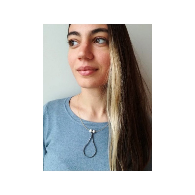 Black teardrop necklace, sterling silver teardrop pendant with white, sweet water pearls, modern minimalist drop necklace