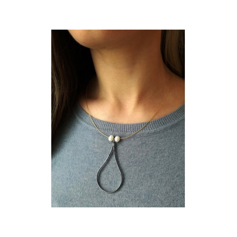 Black teardrop necklace, sterling silver teardrop pendant with white, sweet water pearls, modern minimalist drop necklace