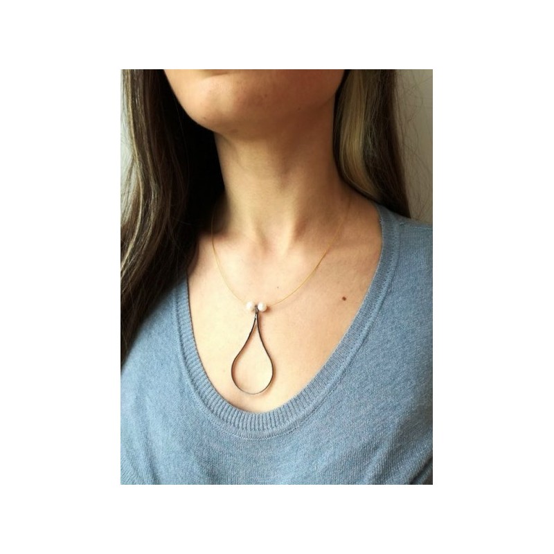 Black teardrop necklace, sterling silver teardrop pendant with white, sweet water pearls, modern minimalist drop necklace