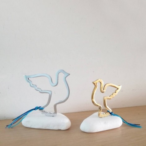 Flying bird sculpture, brass bird outline on white marble stone, gold dove sculpture on stone 2