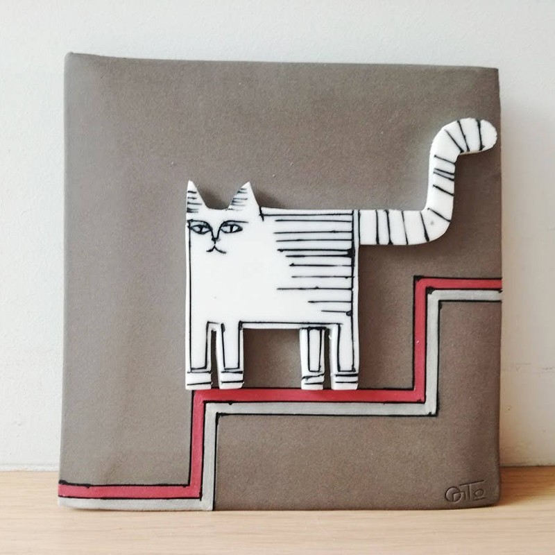 White cat wall hanging, porcelain cat...