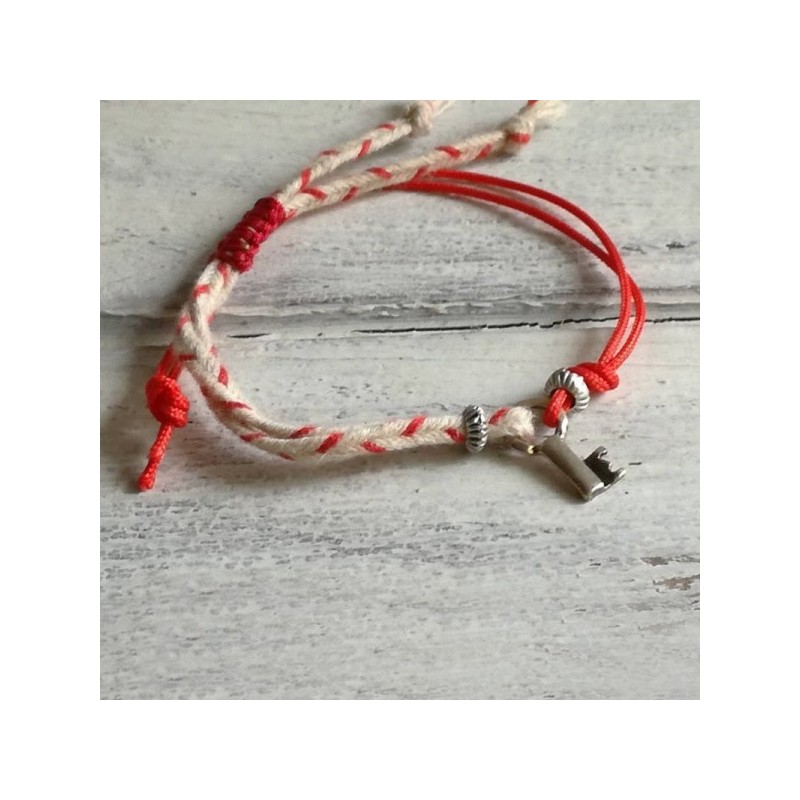 Key March bracelet, traditional March bracelet,skeleton key March cuff, red white, March bracelet with silver skeleton key charm