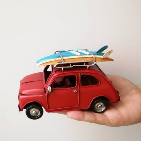 Vintage, Fiat car miniature, retro collectible miniature, red Fiat 500 with blue and yellow surfboards on rack 2