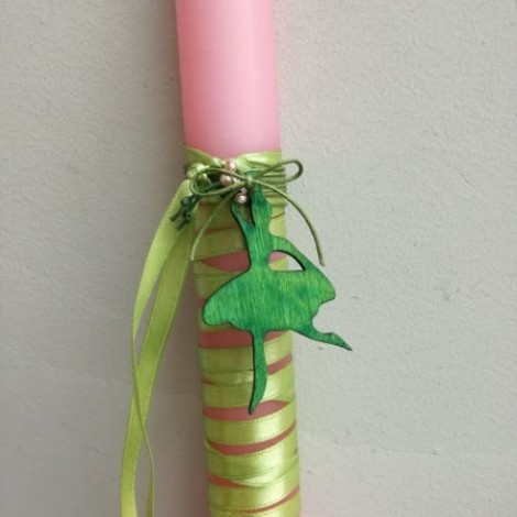 Ballerina Easter candle, pink candle with green ballerina cutout and green ribbons, Greek Easter candle for girls 2