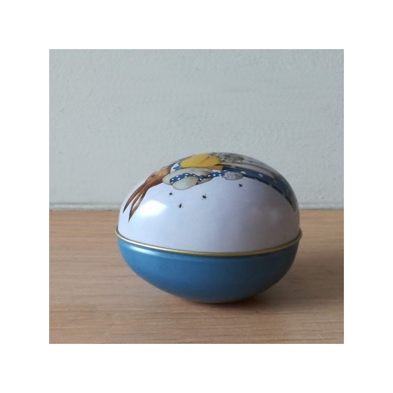 Easter egg box, metal tin box with an antique Easter illustration, Easter bunny carrying bee hive, Easter collectible