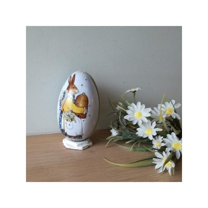 Easter egg box, metal tin box with an antique Easter illustration, Easter bunny carrying yellow egg, Easter collectible