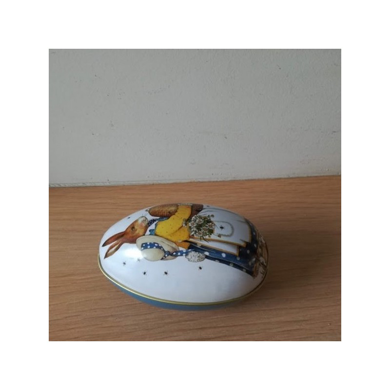 Easter egg box, metal tin box with an antique Easter illustration, Easter bunny carrying yellow egg, Easter collectible