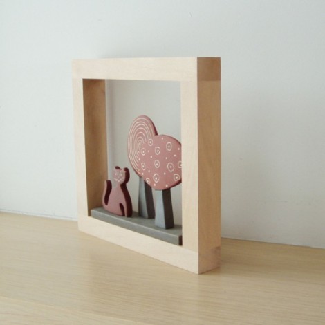 Cat and trees wall decor, ceramic cat and trees sculpture, red cat with two red trees in wooden frame 2