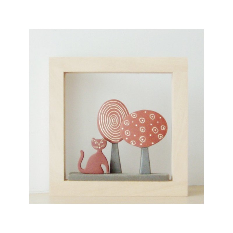 Cat and trees wall decor, ceramic cat and trees sculpture, red cat with two red trees in wooden frame